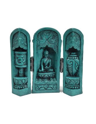 Buddha, cestovní oltář, tyrkysový, pryskyřice, 12cm