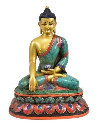 Soška Buddhy Shakjamuniho, pozlacená a zdobená polodrahokamy, 18x13x18cm