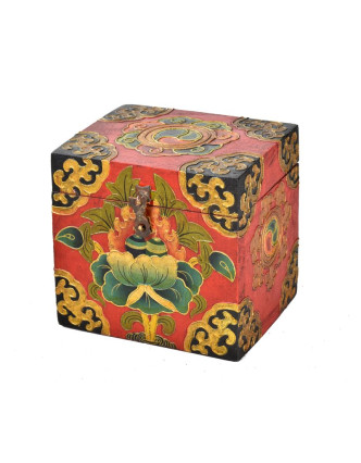 Dřevěná truhlička, tibetský design-lotos, 15x12x15cm