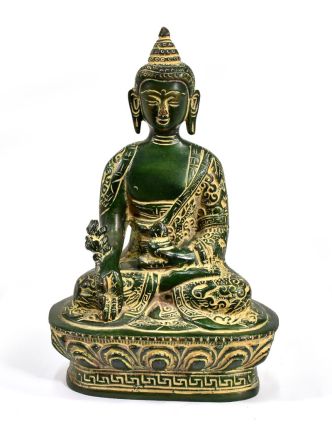 Uzdravující Buddha, antik zelená patina, mosaz, 11x7x17cm