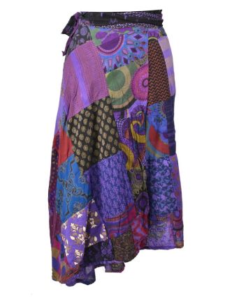 Delší zavinovací sukně s potiskem, patchwork design, fialová , vázačka