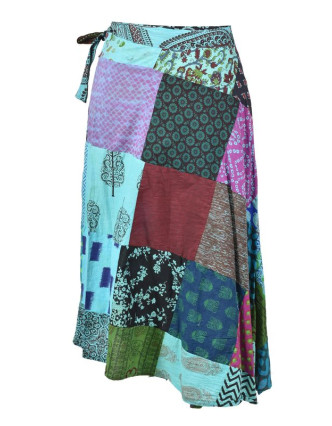 Delší zavinovací sukně s potiskem, patchwork design, tyrkys, vázačka