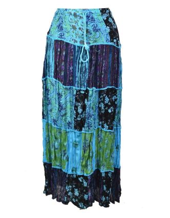 Dlouhá modrá patchworková sukně, kombinace potisků, pružný pas