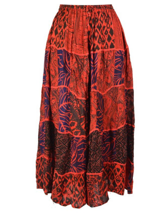 Dlouhá červená patchworková sukně, kombinace potisků, pružný pas