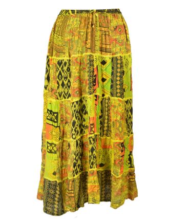 Dlouhá žlutá patchworková sukně, kombinace potisků, pružný pas