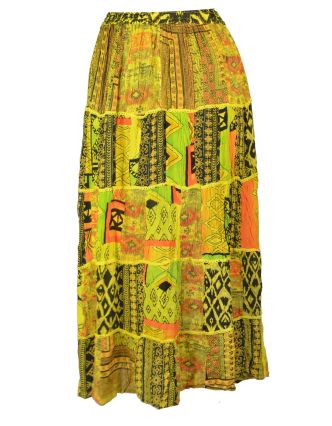 Dlouhá žlutá patchworková sukně, kombinace potisků, pružný pas