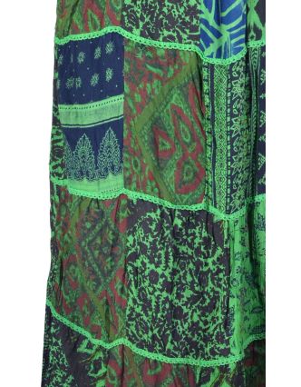 Dlouhá zelená patchworková sukně, kombinace potisků, pružný pas