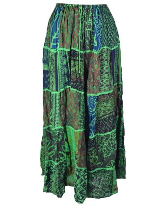 Dlouhá zelená patchworková sukně, kombinace potisků, pružný pas