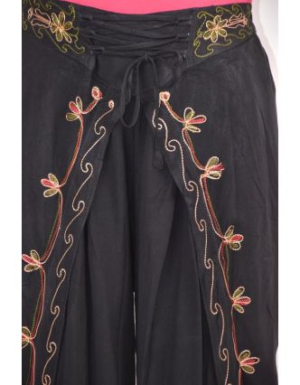 Dlouhé thajské kalhoty, černá, pružný pas, výšivka