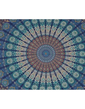 Přehoz přes postel, "Barmeri round", mandala, 202x220cm, modro-tyrkysový
