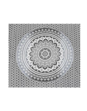 Přehoz na postel, Mandala, šedý tisk, 224x206cm