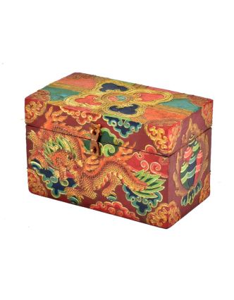 Dřevěná truhlička, tibetský design-drak, 18x10x11cm