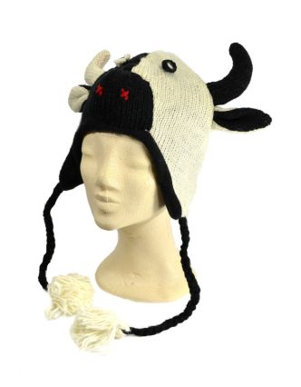 Čepice s ušima, černo-bílá kráva, vlna, podšívka