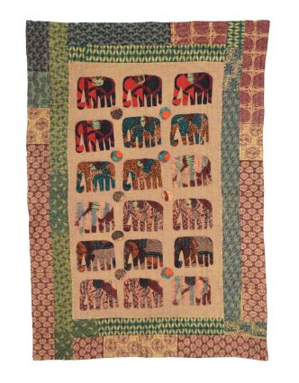 Patchworkový přehoz na postel, prošívaný se slony, 150x210cm