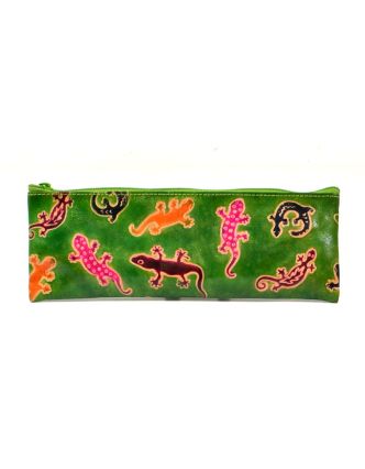 Penál design "Lizards", ručně malovaná kůže, zelená, 22x7,5cm