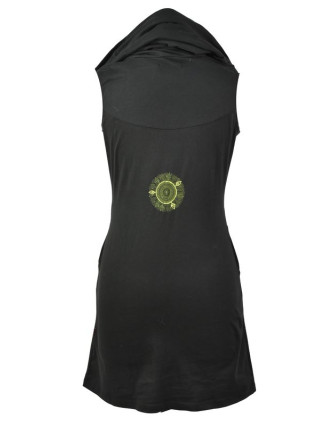 Černo-zelené šaty s kapucí/límcem, bez rukávu, potisk a výšivka mandaly