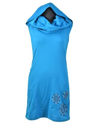 Tyrkysové šaty s kapucí/límcem, bez rukávu, potisk a výšivka mandaly