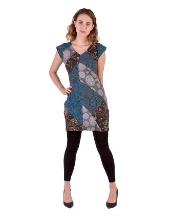 Krátké šaty s krátkým rukávem, modro-šedý patchwork, Patch design