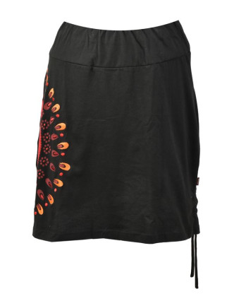 Krátká černá sukně s potiskem a stahovací šňůrkou, pružný pas