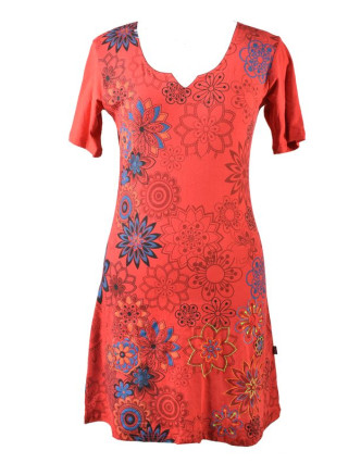 Červené šaty s krátkým rukávem, květinový barevný potisk