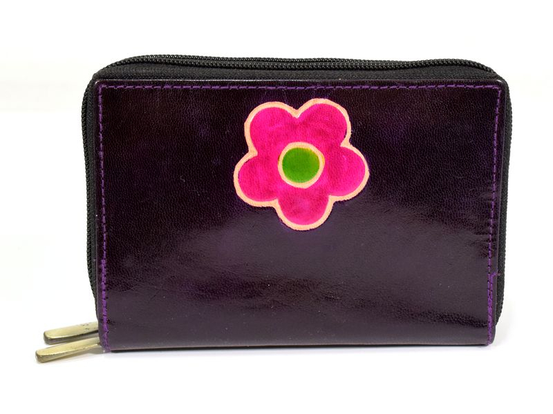 Peněženka design "Flower" malovaná kůže, tmavě fialová, 15x10cm