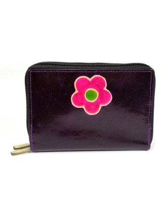 Peněženka design "Flower" malovaná kůže, tmavě fialová, 15x10cm