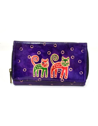 Peněženka zapínaná na zip, fialová, kočky, malovaná kůže, 17x11cm