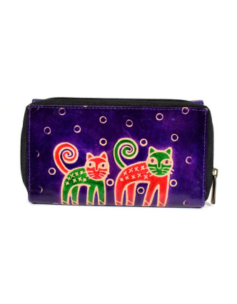 Peněženka zapínaná na zip, fialová, kočky, malovaná kůže, 17x11cm