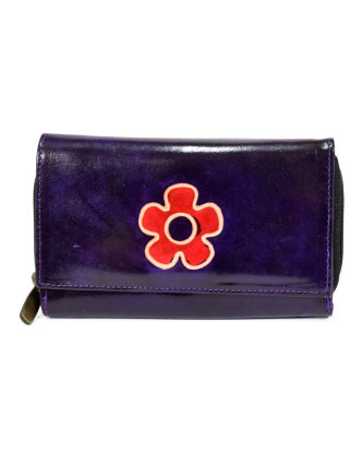 Peněženka zapínaná na zip, fialová, květina, malovaná kůže, 17x11cm
