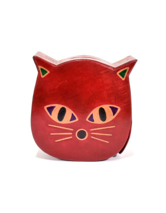 Kasička, malovaná kůže, kočka, červená, 11x11cm