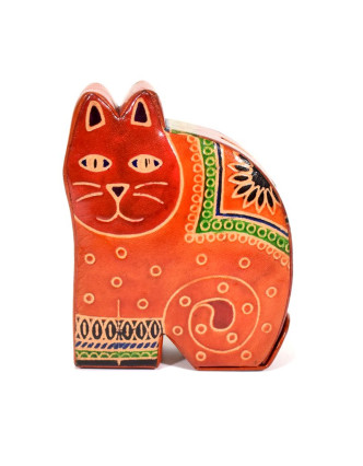Kasička, malovaná kůže, malá kočka, oranžová, 9x11cm