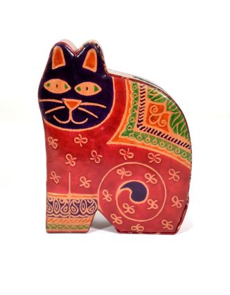 Kasička, malovaná kůže, střední kočka, červená, 11x15cm