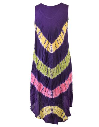 Krátké fialové šaty bez rukávu, barevné batikované pruhy, výšivka