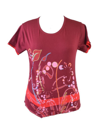 Vínové tričko s potiskem květin a výšivkou