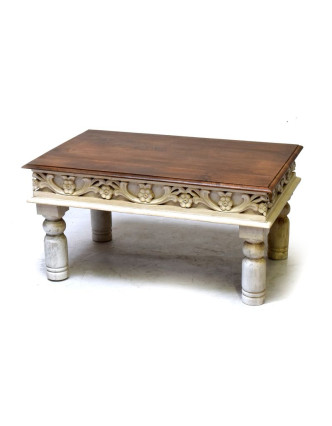 Konferenční stolek z mangového dřeva, ruční řezby, bílá patina, 90x60x47cm