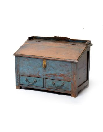 Starý kupecký stolek z teakového dřeva, modrá patina 64x40x47cm