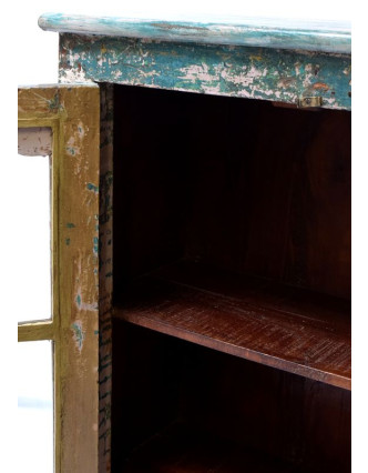 Stará prosklená skříň z teakového dřeva zdobená dlažicemi, 80x35x130cm