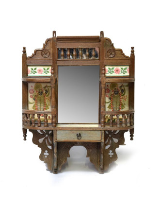 Staré zrcadlo s poličkami, zdobené tradiční kresbou a dlaždicemi, 67x17x83cm