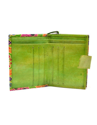Peněženka, malovaná kůže, mandala design, zelená, 9,5x12,5cm
