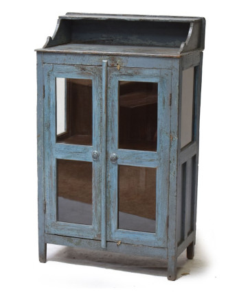 Prosklená skříň z teakového dřeva, modrá patina, 70x37x117cm