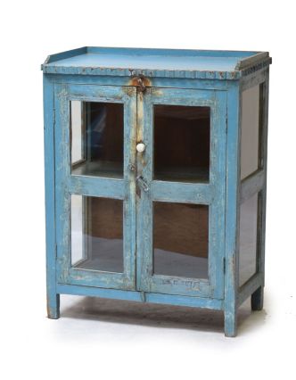 Prosklená skříň z teakového dřeva, modrá patina, 71x40x92cm