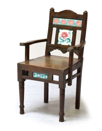 Stará židle z teakového dřeva, zdobená starými dlaždicemi, 53x50x90cm