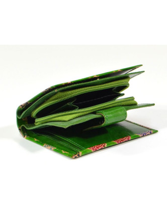 Peněženka, malovaná kůže, paisley, zelená, 9,5x12,5cm