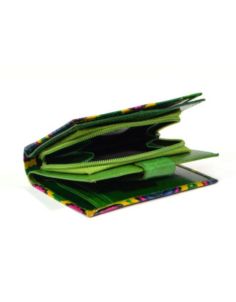 Peněženka, malovaná kůže, zelená, zik zak kolečka, 9,5x12,5cm