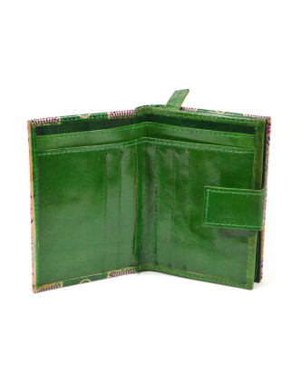 Peněženka, malovaná kůže, zelená, zik zak kolečka, 9,5x12,5cm