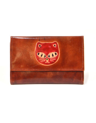 Peněženka design "Cat Head" malovaná kůže, hnědá 9x14cm