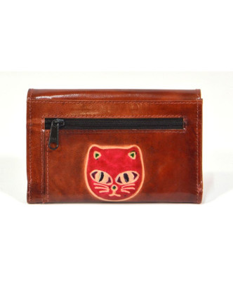 Peněženka design "Cat Head" malovaná kůže, hnědá 9x14cm