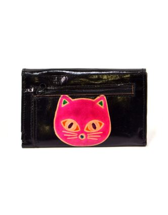 Peněženka design "Cat Head"  malovaná kůže, černá 9x14cm