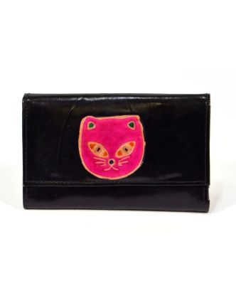 Peněženka design "Cat Head"  malovaná kůže, černá 9x14cm