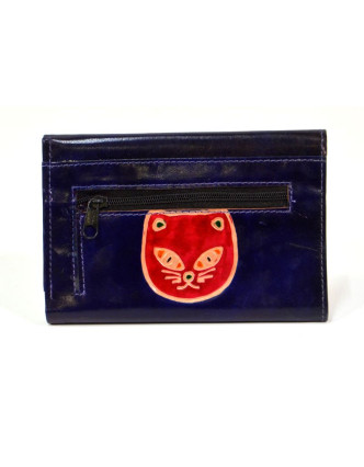 Peněženka design "Cat Head", malovaná kůže, tmavě modrá 9x14cm